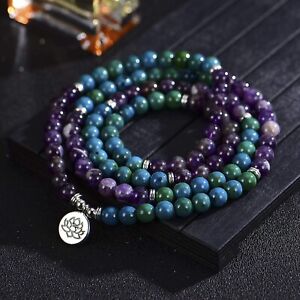 108 Mala Beads 8mm Chrysocolla Amethyst Beaded Necklace Lotus Charm