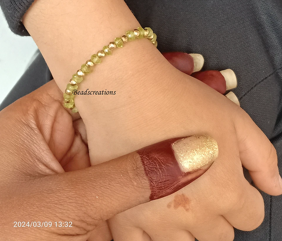 Natural Green Peridot Beads Golden Pyrite Faceted Rondelle Bracelet Gift Her - Image 1 of 4