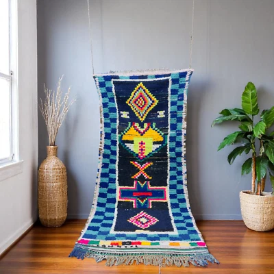 Vintage Moroccan Kilim Rug Runner White Pink Blue Geometric Wool - Image 1 of 4