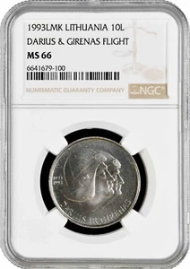 Lithuania 10 litu 1993, NGC MS66, "Darius & Girenas Flight across the Atlantic" - Picture 1 of 2