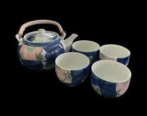 Vintage Japanese Tea Pot Set w/ 4 Cups Handpainted Blue Pink Floral Signed - Picture 1 of 10