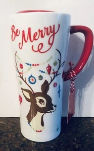 TAG Travel Mug Christmas Reindeer Ornaments In Antlers “Be Merry” Red Handle/Lid - Picture 1 of 4