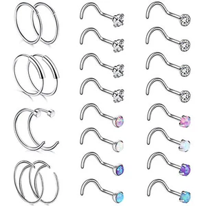 24Pcs 18G Stainless Steel Screw Nose Ring Nostril Piercing Jewelry Set Men Women - Picture 1 of 6