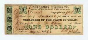 1864 Cr.4A $1 TEXAS Treasury Warrant - CIVIL WAR Era Ch.AU - Picture 1 of 2