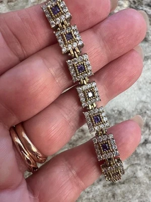 Genuine Amethyst 14K Gold on SOLID 925 Cut Halo Real White Sapphire Bracelet - Image 1 of 4