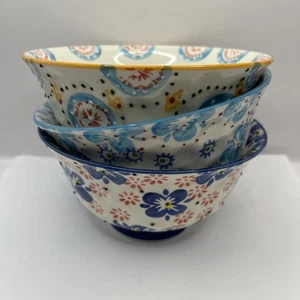 3 ciotole per cereali zuppa in gres Boemia firmate casalinghi fiori blu teal ora - Foto 1 di 15