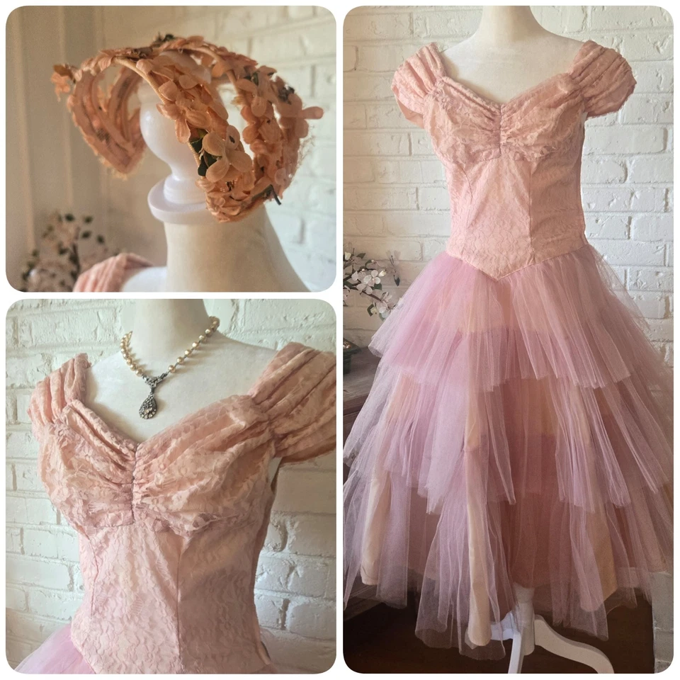 Vintage 1950s Tulle & Lace Dress With Matching Hat, 0/2, Party, Tea, Dance - Image 1 of 4