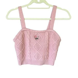 Almost Famous Pink Knit Crop Top Size S Cable Knit Embroidery Y2K - Picture 1 of 6