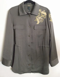 Chico's Jacket Shacket Size 2 / L 12 Moss Green Gold NEW Black Label Embellished - Picture 1 of 17