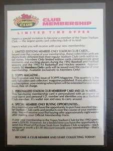 1991-92 Topps Stadium Club Hockey Membership Card - Picture 1 of 2