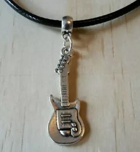 GUITAR LEATHER NECKLACE 17 INCH MENS WOMENS TIBETAN SILVER PENDANT A - Picture 1 of 2