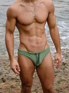 Khaki Green w/ Black Drawstring Men's Swim Briefs. Size X-Large 36"-38" - Picture 1 of 3