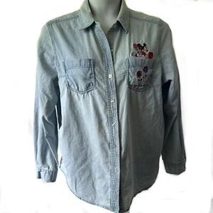 Vintage Embroidered Disney Denim Button Shirt Mickey & Minnie Womens Sz L Grunge - Picture 1 of 8