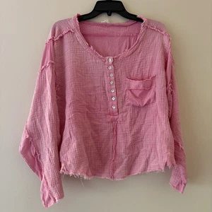 POL Pink Raw Hem Henley Button Front Distressed Gauze Top Size S - Picture 1 of 4