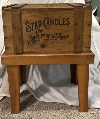 Primitive Rustic Farmhouse Side Table Star Candles P&G Box On Stand 22”H 17”W - Image 1 of 4