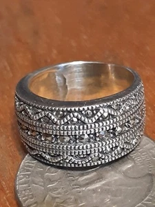 Vtg Marcasite Ring Sterling Silver Thick Band Size 6 925 Signed Tribal Rare Find - Picture 1 of 8