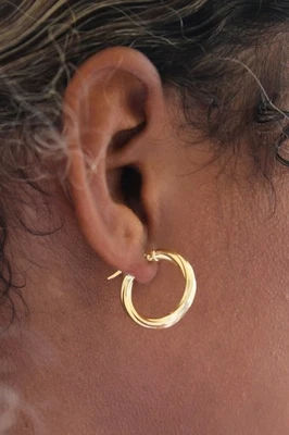 14k Solid Gold Hoops, Textured Earrings, Real Gold Earrings, Twisted Minimalist - Image 1 of 4