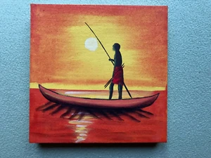 kleines Wandbild, Boot mit Fischer, Afrika Design, Dekoration, 20x20x2,5cm - Bild 1 von 5