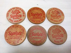 6 VINTAGE SAMBO'S WOODEN NICKELS COINS GOOD FOR 10 CENT COFFEE - Imagen 1 de 6