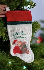VINTAGE CLASSIC 1980's RENNOC BABY'S FIRST CHRISTMAS WHITE & RED FELT STOCKING  - Picture 1 of 9