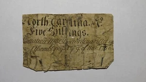 1754 Five Shillings North Carolina NC Colonial Currency Note Bill! 5s! RARE! - Picture 1 of 2