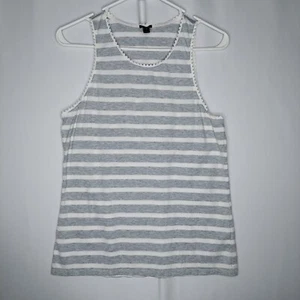 J Crew Tank Top Women Small Gray White Cotton Stripe Scalloped Trim Scoop Neck - Picture 1 of 8