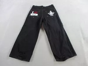 Y2K Jeans Mens Medium 32x29 Black Denim Grunge Wide Leg Baggy Skull Skater VTG - Picture 1 of 11