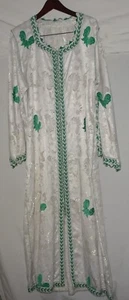 Moroccan Traditional White Caftan w Silver Silk Brocade & Green Embroideries VTG - Picture 1 of 17