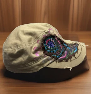 Peacock Feather Distressed Cadet Cap Tan Stretch Fit Hat Kbethos Women’s - Picture 1 of 7