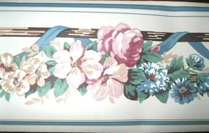 Wallpaper Border Roses Flowers Blue Drape Ribbon Twig on Beige EH99956 5" New - Picture 1 of 1