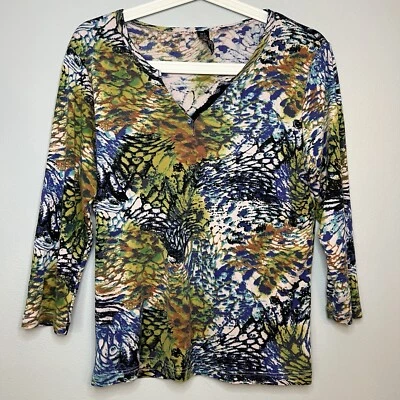 Camisa Pullover Para Mujer Seda Mezcla Algodón Cuello en V Multicolor Artística Elástica Talla L Foto 1 de 4