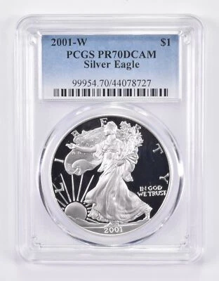 American Silver Eagle 2001-W PR70 DCAM PCGS etiqueta azul Foto 1 de 4