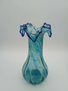 9" Vintage Hand Blown Art Glass Vase w/ Blue & Green Wave Mouth — Unbranded - Picture 1 of 16