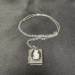 Cat Book Locket Necklace Jewelry Gothic Silvery Kitten Animal Pendant - Picture 1 of 5