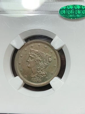 NGC MS62BN CAC 1856 BRAIDED HAIR HALF CENT NICE LIGHT BROWN COLOR C-1 - Image 1 of 3