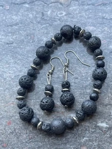 Lava Rock Black Ball Natural Gemstone Earrings & Bracelet - Picture 1 of 4