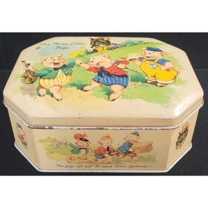 Vintage 1946 Litho Three Little Pigs Candy Tin with Lid – Metal Box Co., England - Picture 1 of 9