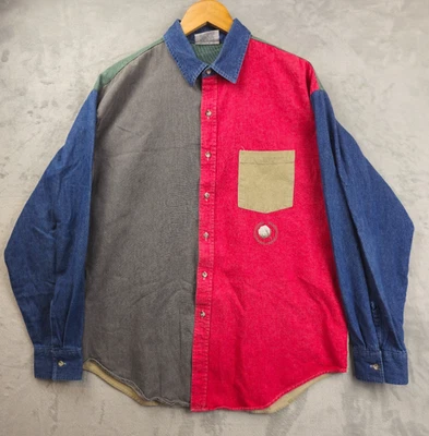 Vintage Crystal Springs Button Up Shirt Large Denim Chambray Colorblock USA Made - Image 1 of 4