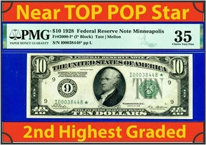 1928 $10 Federal Reserve Note PMG 35 2nd finest Minneapolis star Fr 2000-I* - Picture 1 of 4
