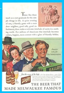 1943 WWII SCHLITZ BEER PRINT AD darts vote ballot box 1940's war era alcohol - Picture 1 of 3