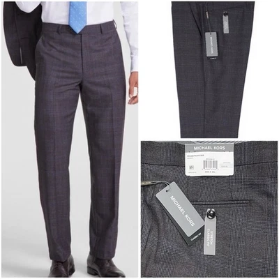 Pantalones de vestir Michael Kors para hombre calce clásico 40/34 marrón azul a cuadros elásticos nuevos con etiquetas Foto 1 de 4