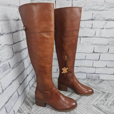 Botas de montar de cuero marrón sobre la rodilla con tacón bloque cremallera lateral para mujer 7,5 M Foto 1 de 4