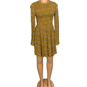 Patrons of Peace Womens High Neck Mustard Yellow Smocked Floral Dress Size Small - Picture 1 of 11