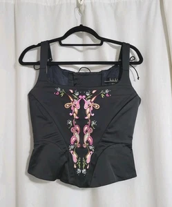 Corsé de satén Y2K top caprichoso de colección Nicole Miller talla 8 bordado floral 2000 - Imagen 1 de 19