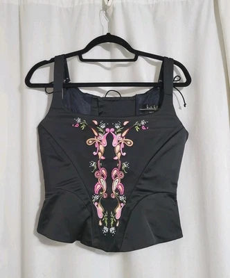 Y2K Satin Corset Top Whimsigoth Vtg Nicole Miller Size 8 Embroidered Floral 2000 - Image 1 of 4
