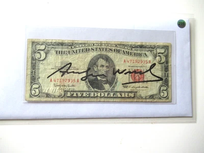 A. WARHOL: 5$ echte Dollarnote  in Farbe schwarz Original SIGNIERT VON WARHOL - Bild 1 von 4