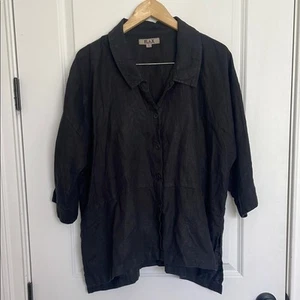Flax Size L 100% Linen Button Front Top Shirt Oversized Fit Black Lagenlook - Picture 1 of 7