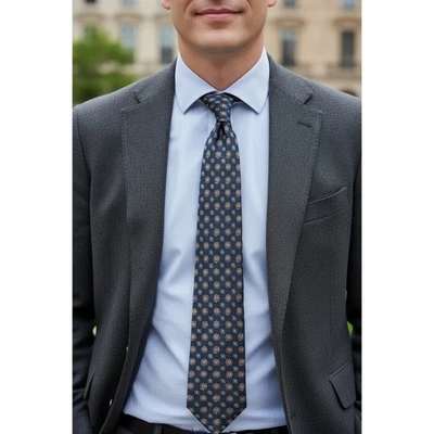 Polo Ralph Lauren Mens Floral Necktie Navy Blue Yellow Green Plaid Hand Made - Image 1 of 4