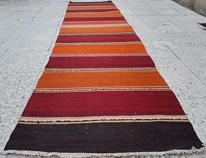 9 Foot Kitchen Runner, Orange Handwoven Kilim Rug Runner,Striped Bedside Kelim   - Picture 1 of 9