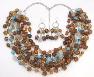 28" Silver Tone Faux Amber & Turquoise Multi-strand Bead Chain Necklace/Earrings - Picture 1 of 3